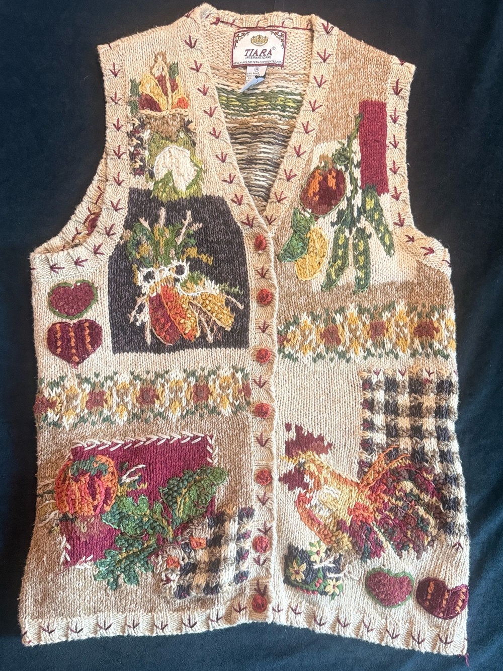 Vintage Tiara Cream Multicolor Embroidered Knit Vest